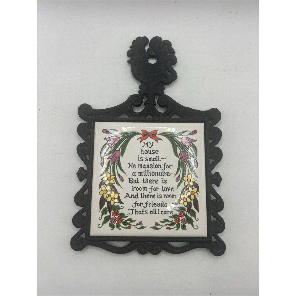 Vtg Cast Iron/Tile Trivet My House Is Small Japan 4.5" tile